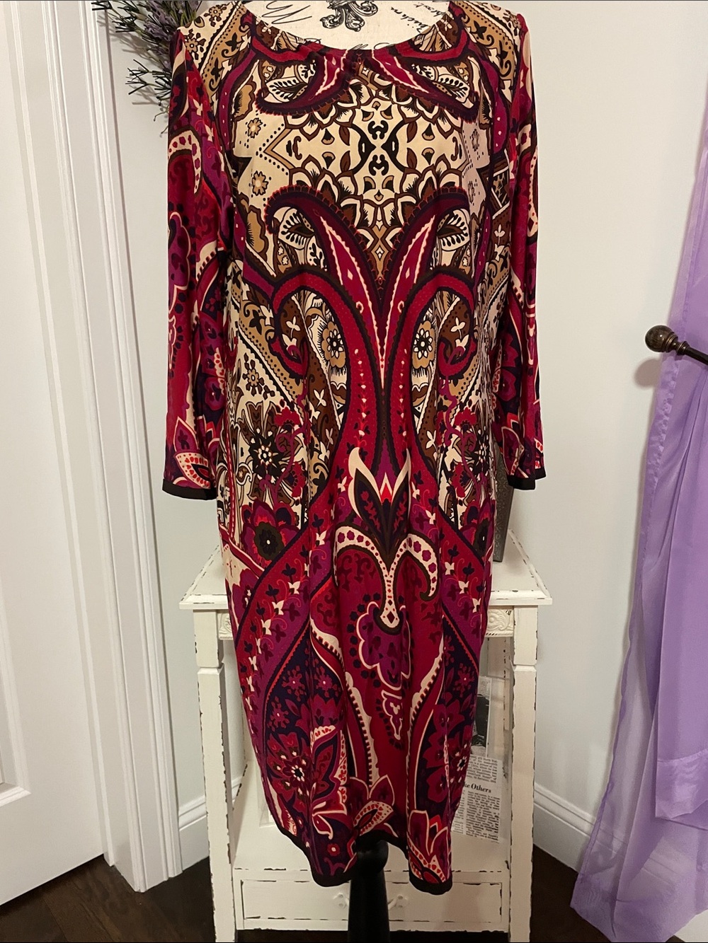 Burgundy and Cream Paisley Print Women’s Dress Size 12